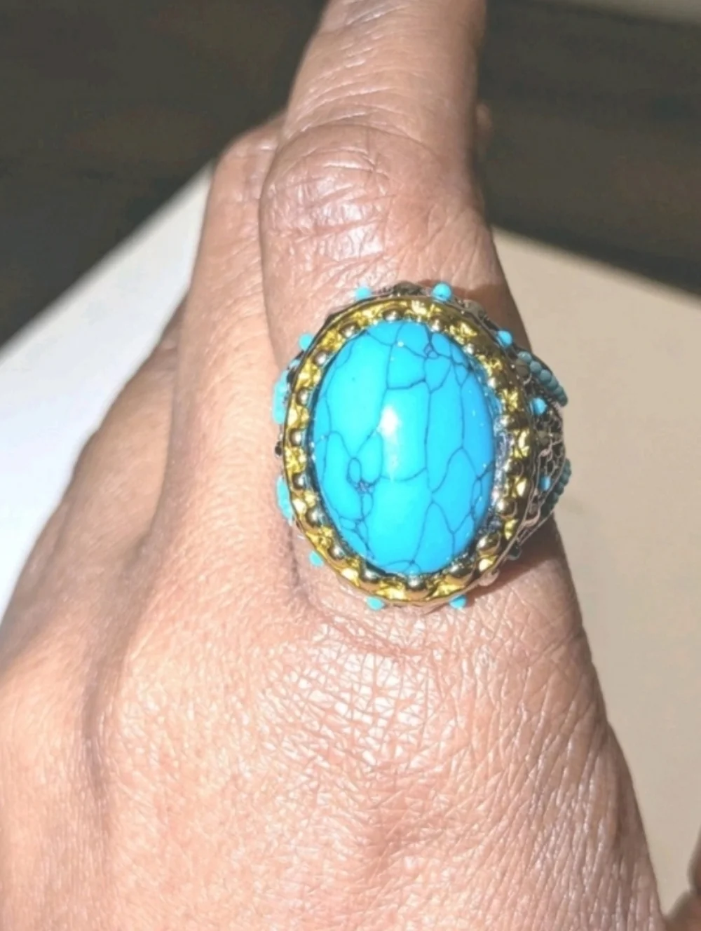 Retro Punk Style Ring Simulated Turquoise Two Tone Polished Statement Band Ring